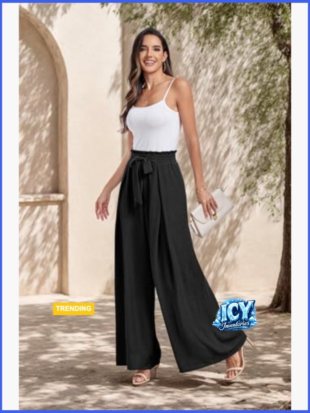High Waisted Wide Leg Palazzo Pants with Pockets Tie Knot - Picture 2 of 7